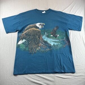 Vintage HL Miller Total Tee 90s Shirt Adult L Bald Eagle Nature Blue Made in USA